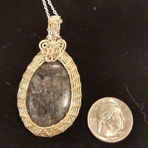 Larvikite Gemstone Pendant Wire Wrap with Silver Plated Copper Wire